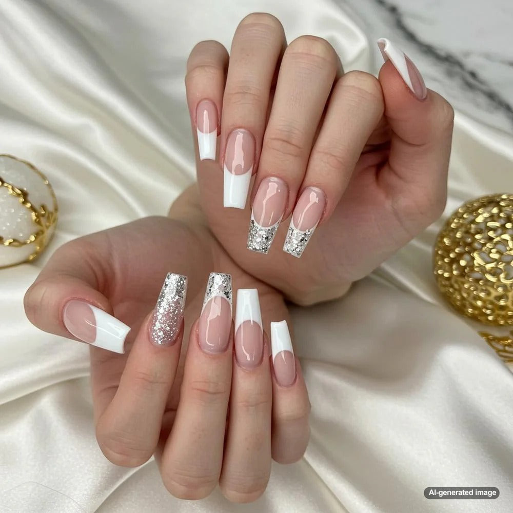 Nude Glitter Accent French Birthday Coffin Nails — Birthday Nails Coffin 2027