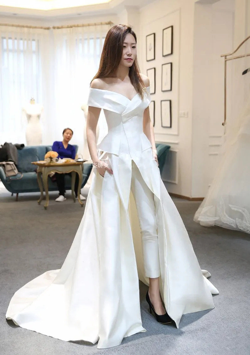White Satin Dress with Peplum, Wide-Leg Pants, and Overskirt — Satin Bridesmaid Dresses 2027