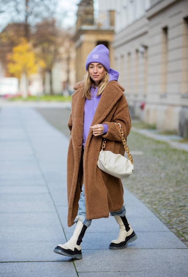 Brown Teddy Coat with Purple Hoodie and Chunky Boots — Teddy Coat Outfits 2027