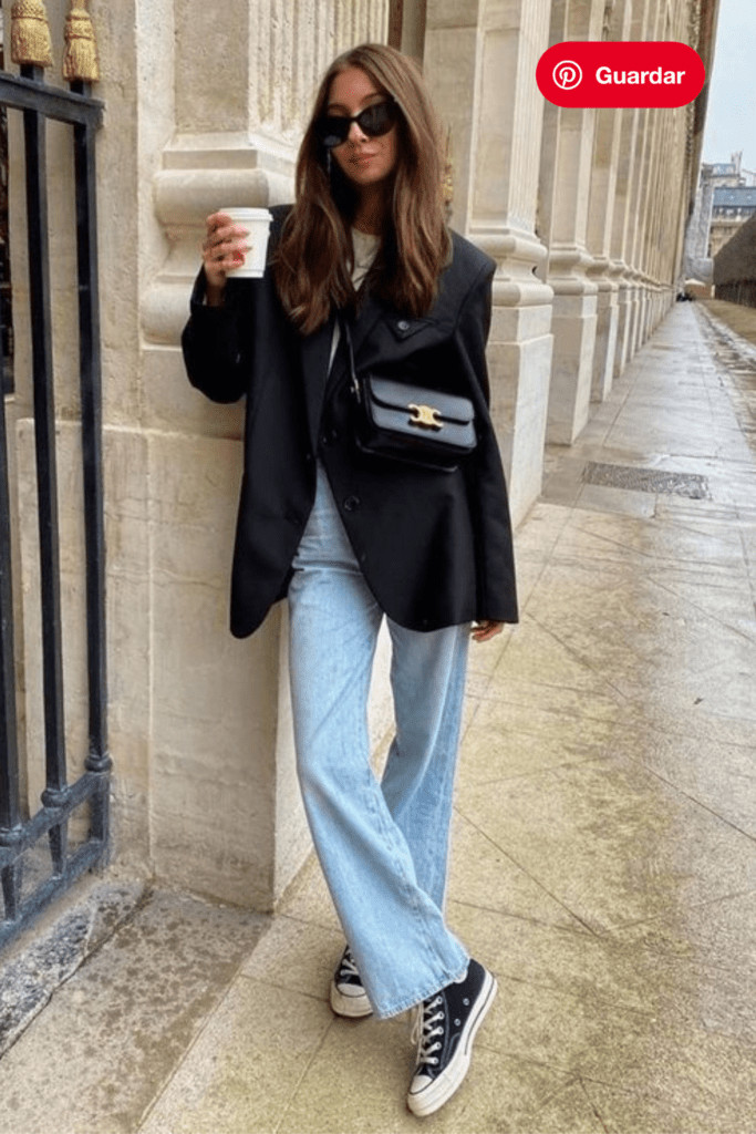 Light Blue Flare Jeans with Black Oversized Blazer and Sneakers Light Blue Flare Jeans with Black Oversized Blazer and Sneakers — Skinny Flare Pants Outfits 2027