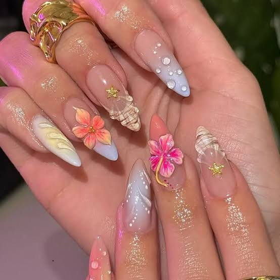 Visual Idea — Embellishments Include 3D Flowers Visual Idea — Embellishments Include 3D Flowers — Hawaii Nails 2027