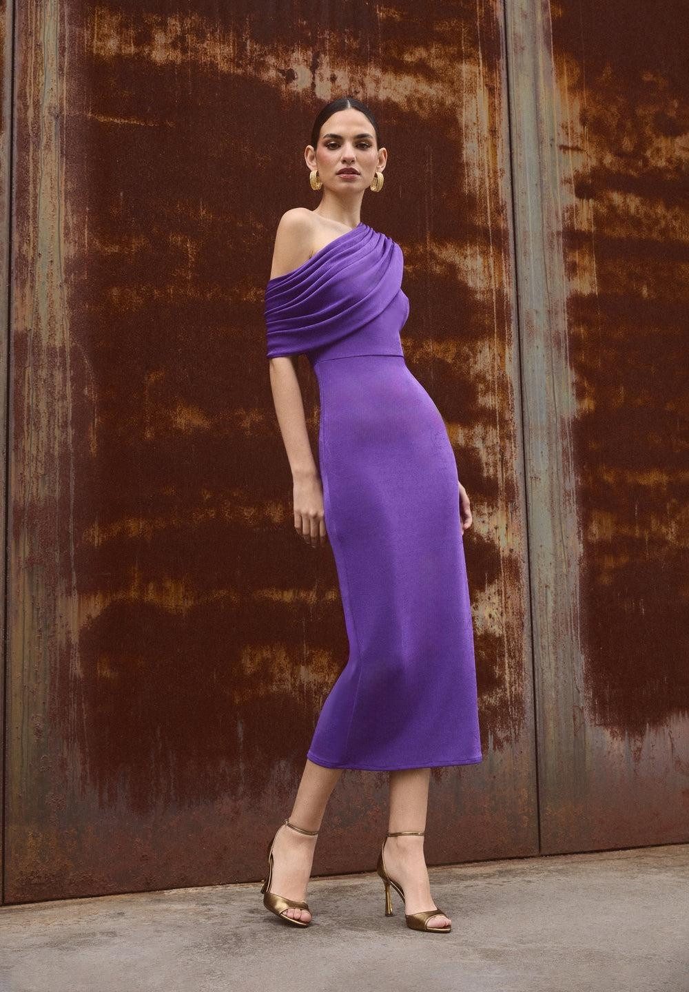 One-Shoulder Draped Dress Outfit Idea One-Shoulder Draped Dress Outfit Idea — Purple Wedding Guest Outfits 2027