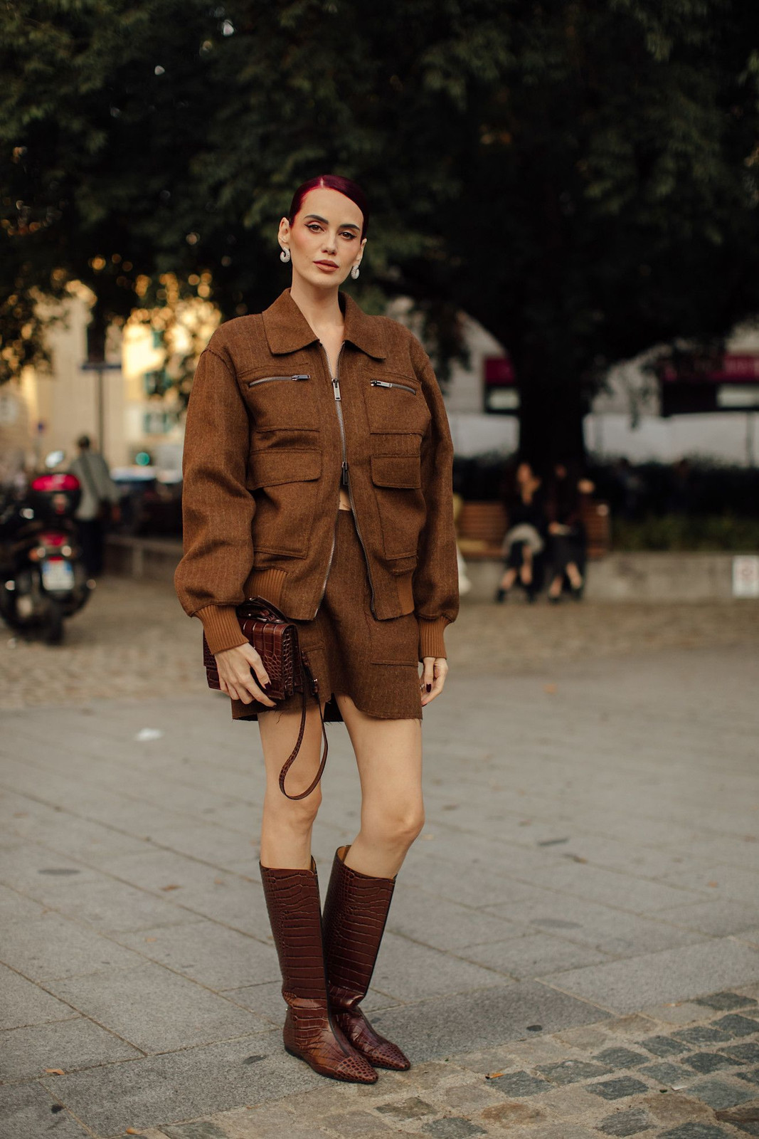 Brown Textured Jacket and Mini Skirt Set with Croc-Embossed Boots Brown Textured Jacket and Mini Skirt Set with Croc-Embossed Boots — Winter Neutral Outfits 2027