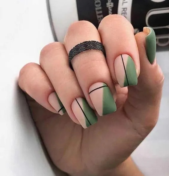 Matte Olive Green and Nude Colorblock Nails Matte Olive Green and Nude Colorblock Nails — Winter Matte Nails 2027