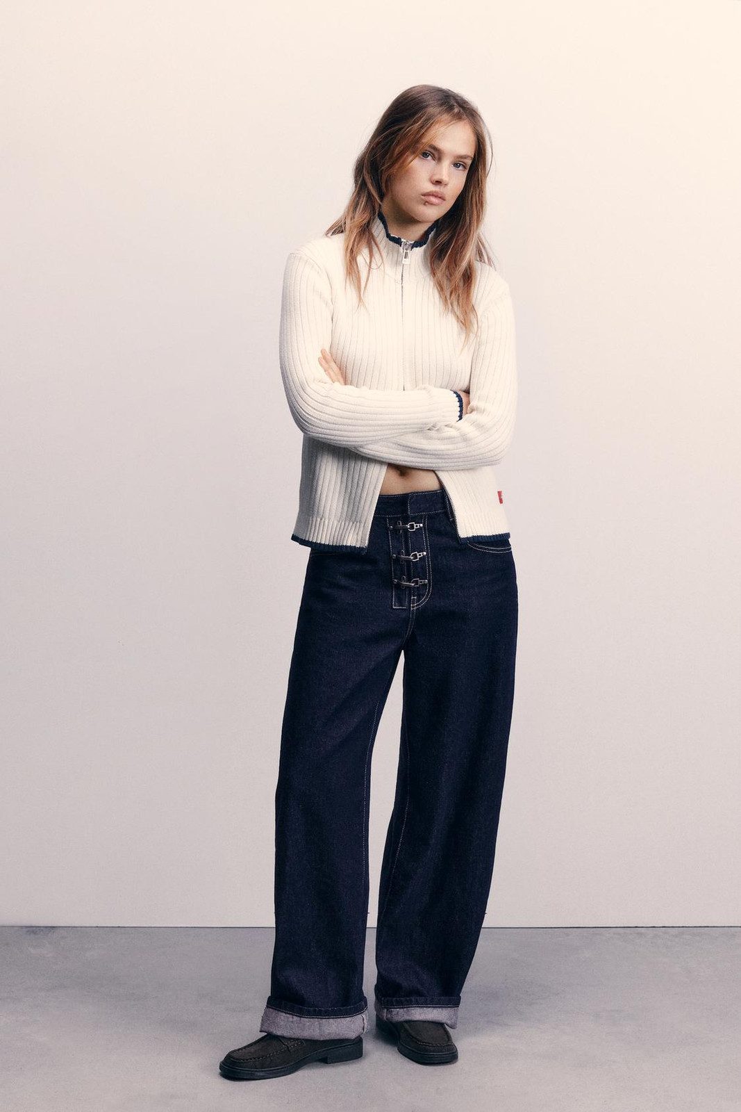 Buckle Detail Jeans and Chunky Loafers with Knit Cardigan — Wide Leg Jeans Outfits 2027