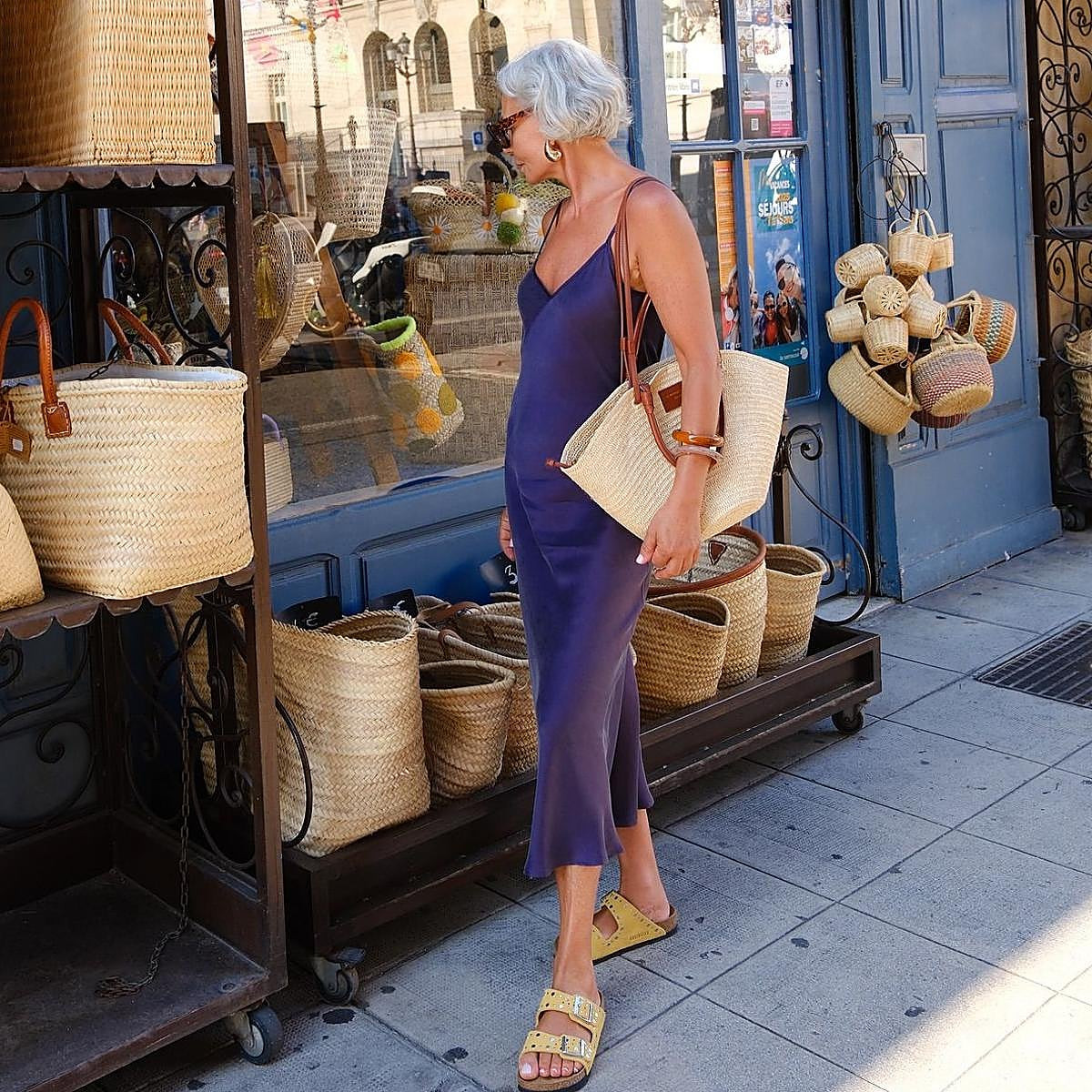 Deep Purple Slip Dress with Yellow Sandals Deep Purple Slip Dress with Yellow Sandals — Summer Outfits 2027 for Women Over 50