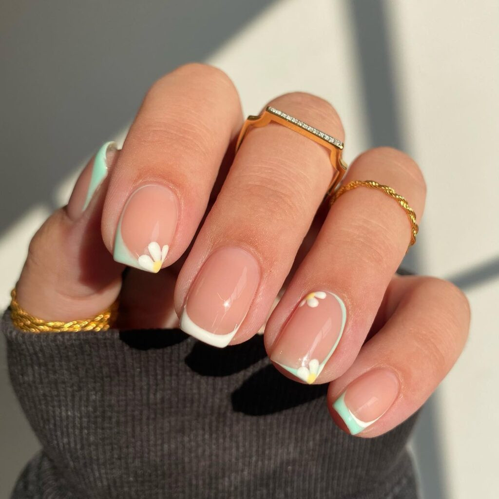 Floral Mint Outline French Squares — French Tip Nails 2027