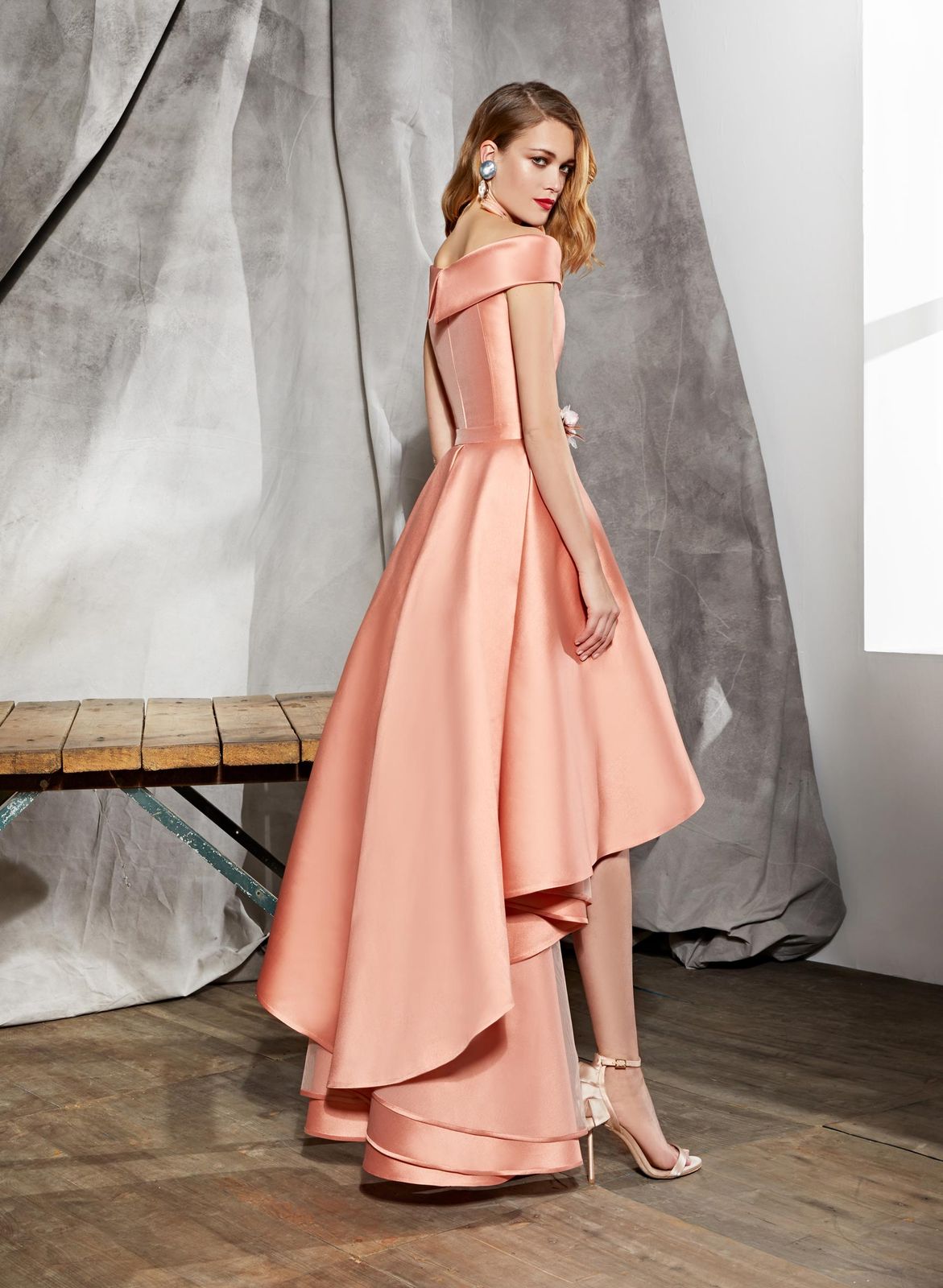 Peach Satin Hi-Low Dress with Off-the-Shoulder Neckline Peach Satin Hi-Low Dress with Off-the-Shoulder Neckline — Party Outfits 2027