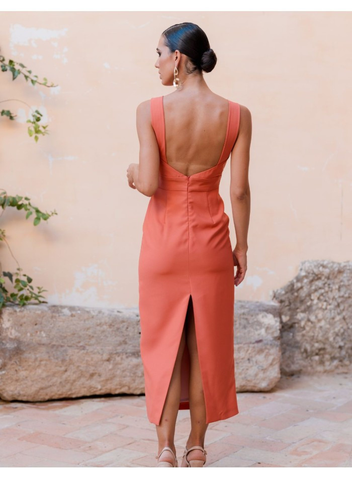 Coral Textured Midi Dress with Low Open Back and Nude Heels Coral Textured Midi Dress with Low Open Back and Nude Heels — Backless Dresses 2027