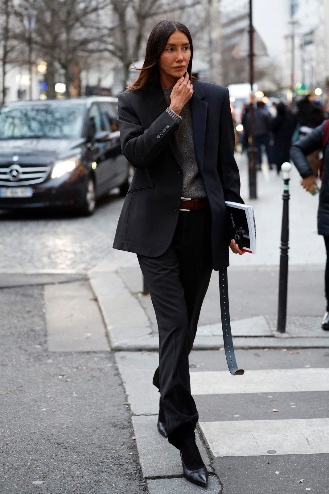 Charcoal Grey Blazer with Crewneck Sweater and Trousers — Fitted Blazer Outfits 2027