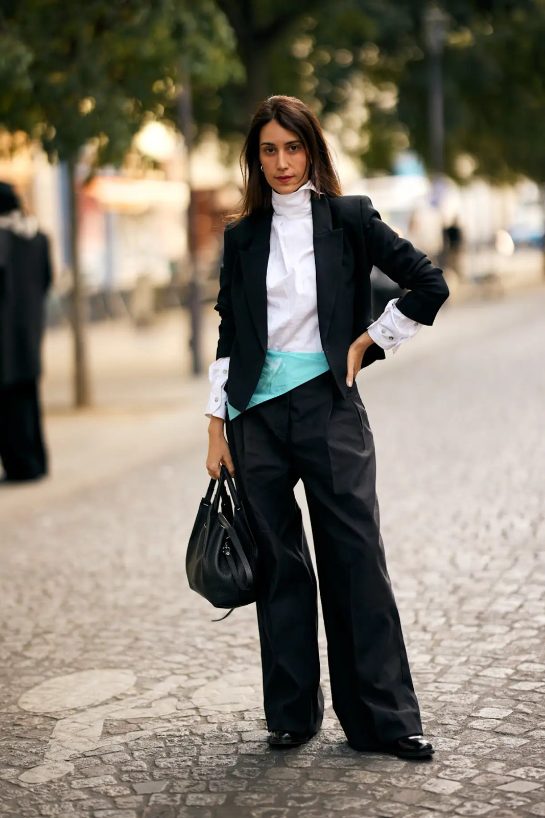 Black Blazer with Light Blue Sash Detail Black Blazer with Light Blue Sash Detail — Paris Outfits 2027