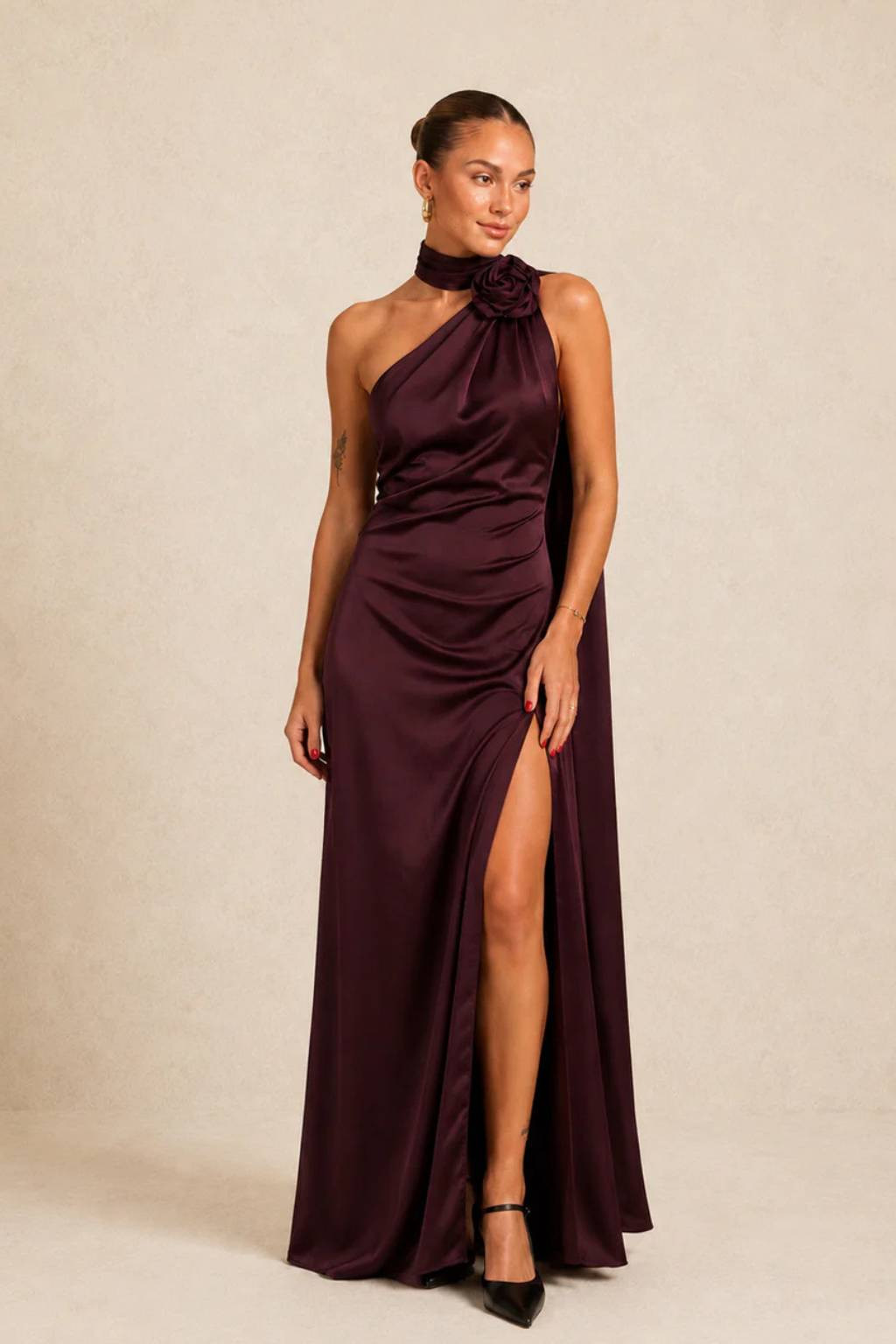 Deep Plum One-Shoulder Satin Gown with Floral Accent Deep Plum One-Shoulder Satin Gown with Floral Accent — Satin Prom Dresses 2027