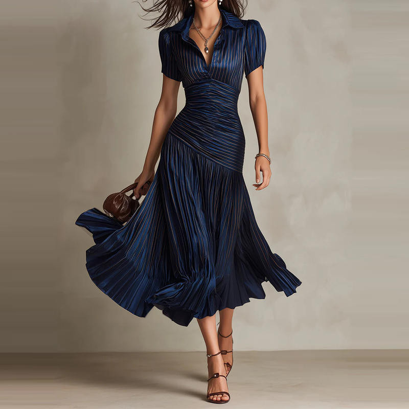 Navy Midi Dress with Fitted Bodice and Flared Pleated Skirt Navy Midi Dress with Fitted Bodice and Flared Pleated Skirt — Pleated Dress 2027