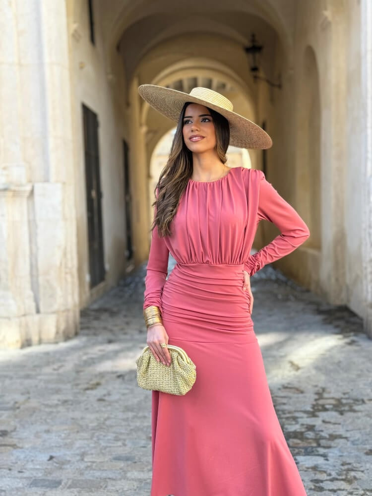 Coral Pink Ruched Midi with Draped Bodice — Semi Formal Dresses 2027