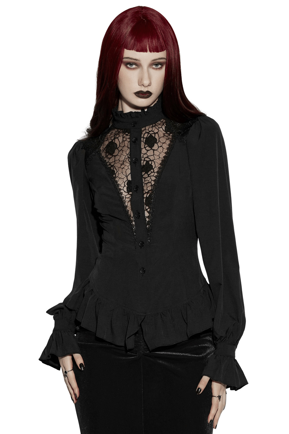 Intricate Lace: Voluminous Sleeve Blouse with Ruffled Hem Intricate Lace: Voluminous Sleeve Blouse with Ruffled Hem — Gothic Romantic Outfits 2027