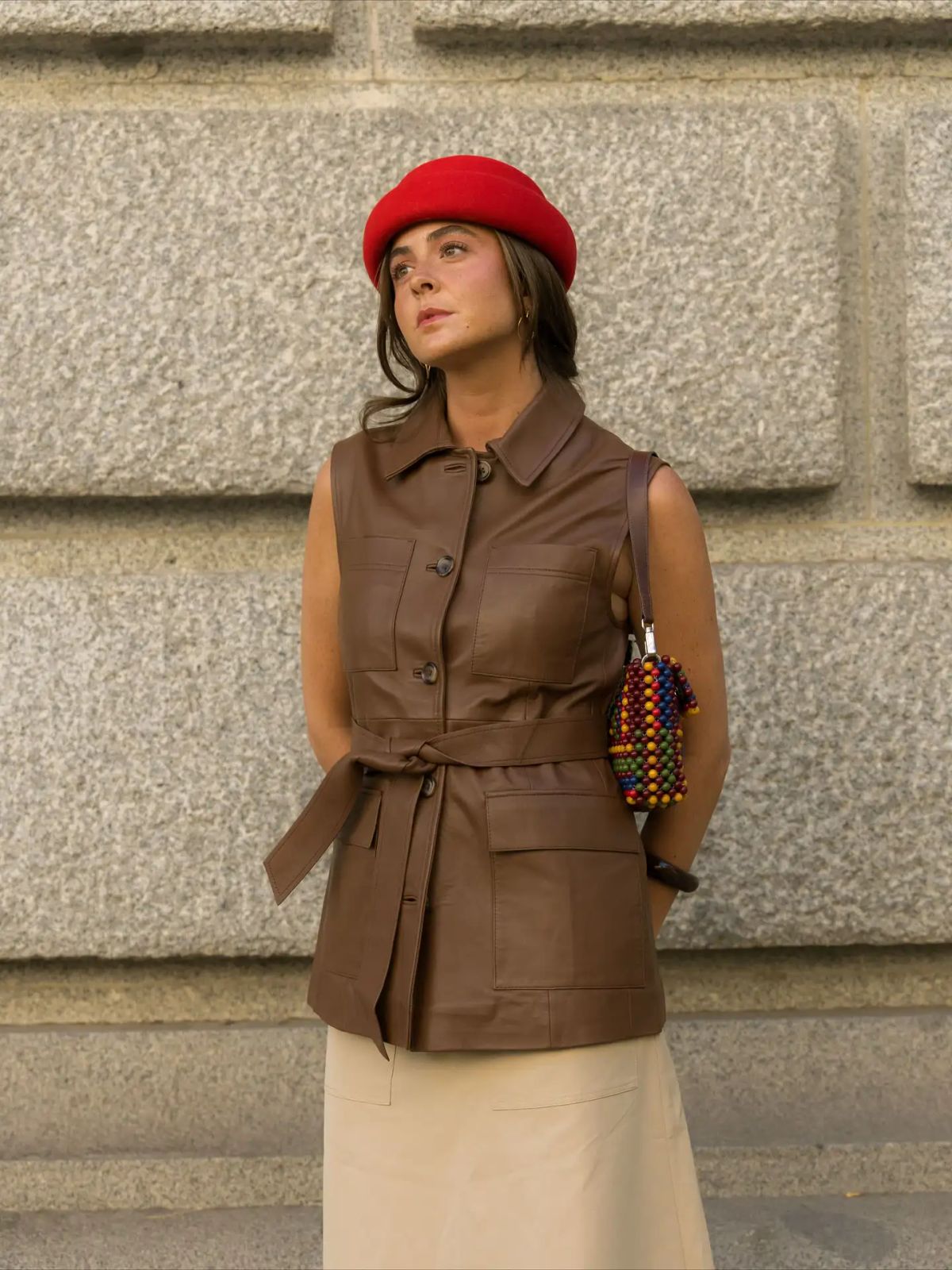 Brown Utility Vest with Red Beret Brown Utility Vest with Red Beret — Vest Outfits 2027