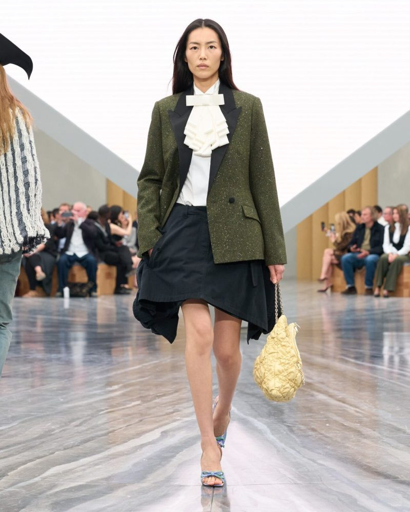 Textured Blazer with Ruffled Collar and Asymmetric Skirt Textured Blazer with Ruffled Collar and Asymmetric Skirt — Poetcore Outfits 2027