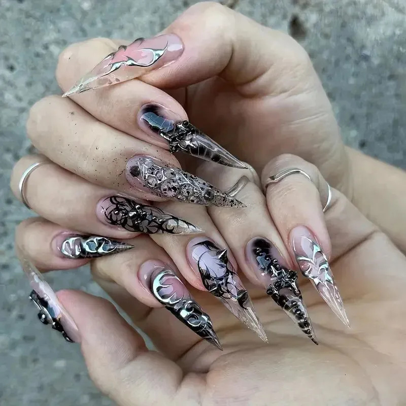 Clear Base With Black And Silver Accents Visual Idea Clear Base With Black And Silver Accents Visual Idea — Y2K Nails 2027