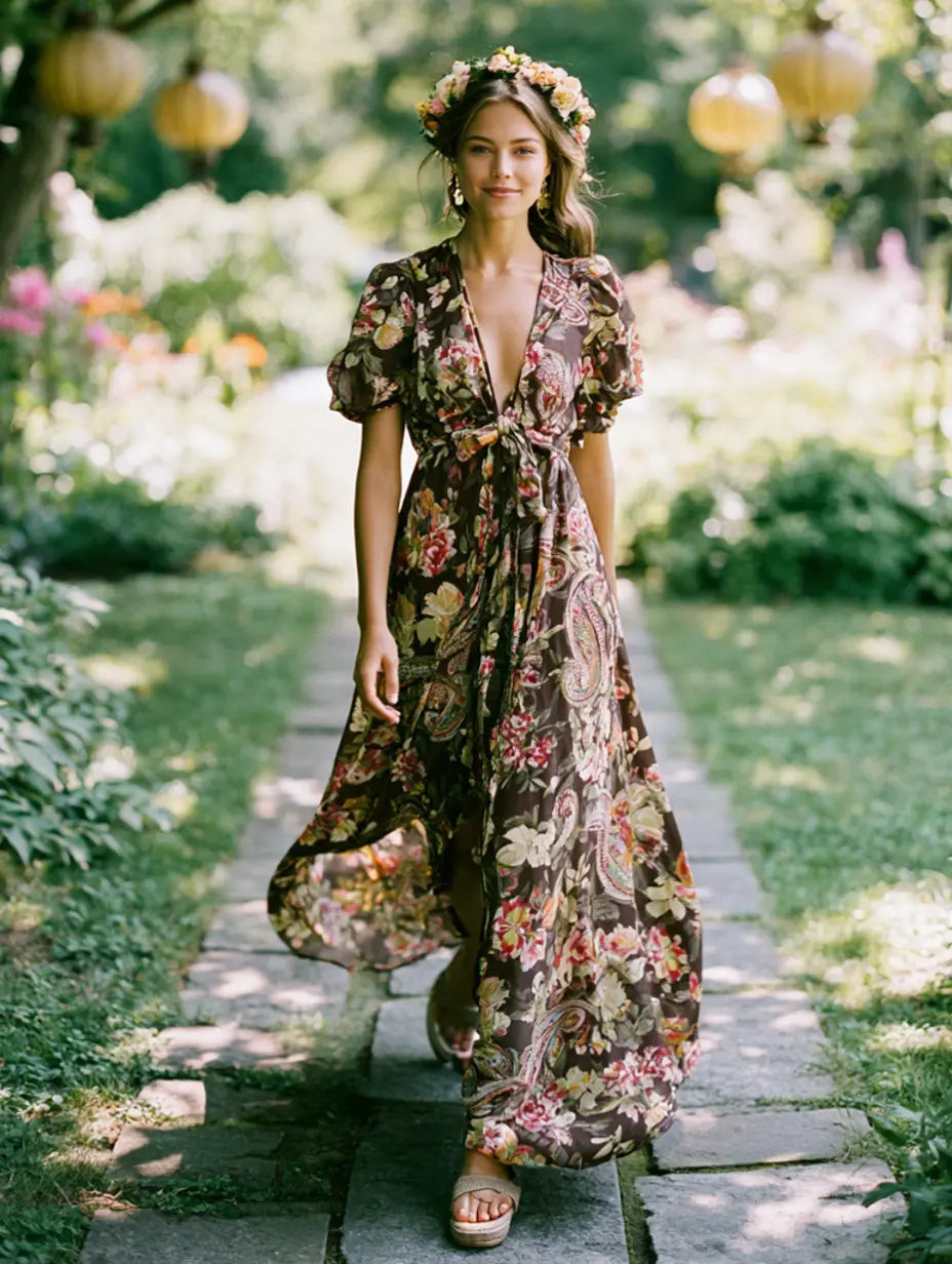 Bohemian Floral Maxi Dress with Flower Crown Bohemian Floral Maxi Dress with Flower Crown — Vintage Outfits 2027