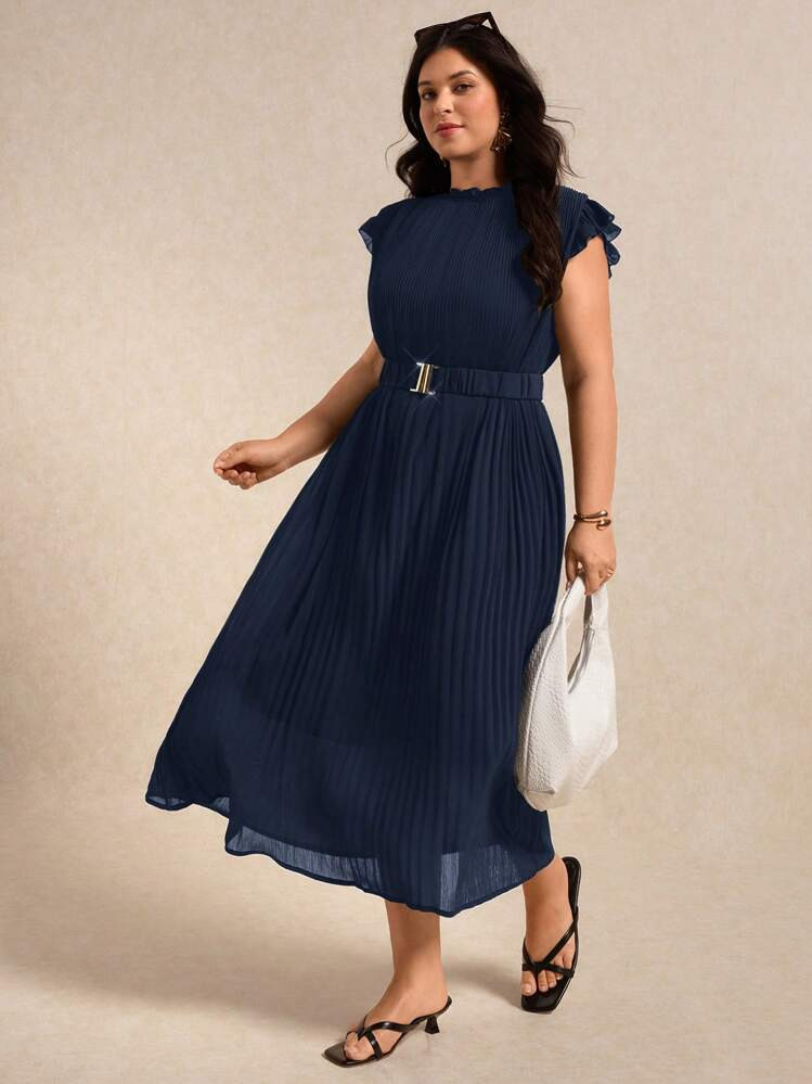 Navy Blue Pleated Midi Dress with Ruffled Sleeves Navy Blue Pleated Midi Dress with Ruffled Sleeves — Modest Dresses 2027