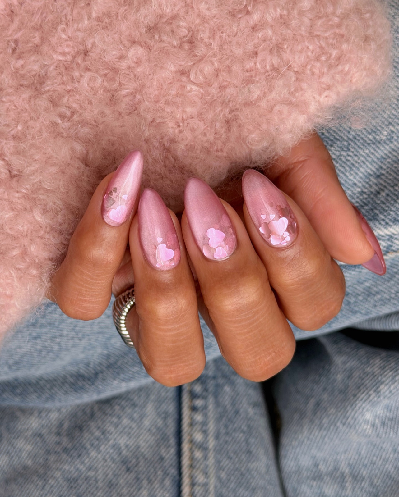 Sheer Baby Pink Stiletto Hearts Shimmer — Baby Pink Nails 2027