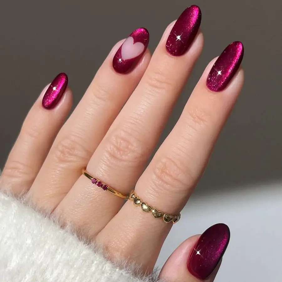 Glitter French Cutout Oval Nails Glitter French Cutout Oval Nails — Winter Red Nails 2027