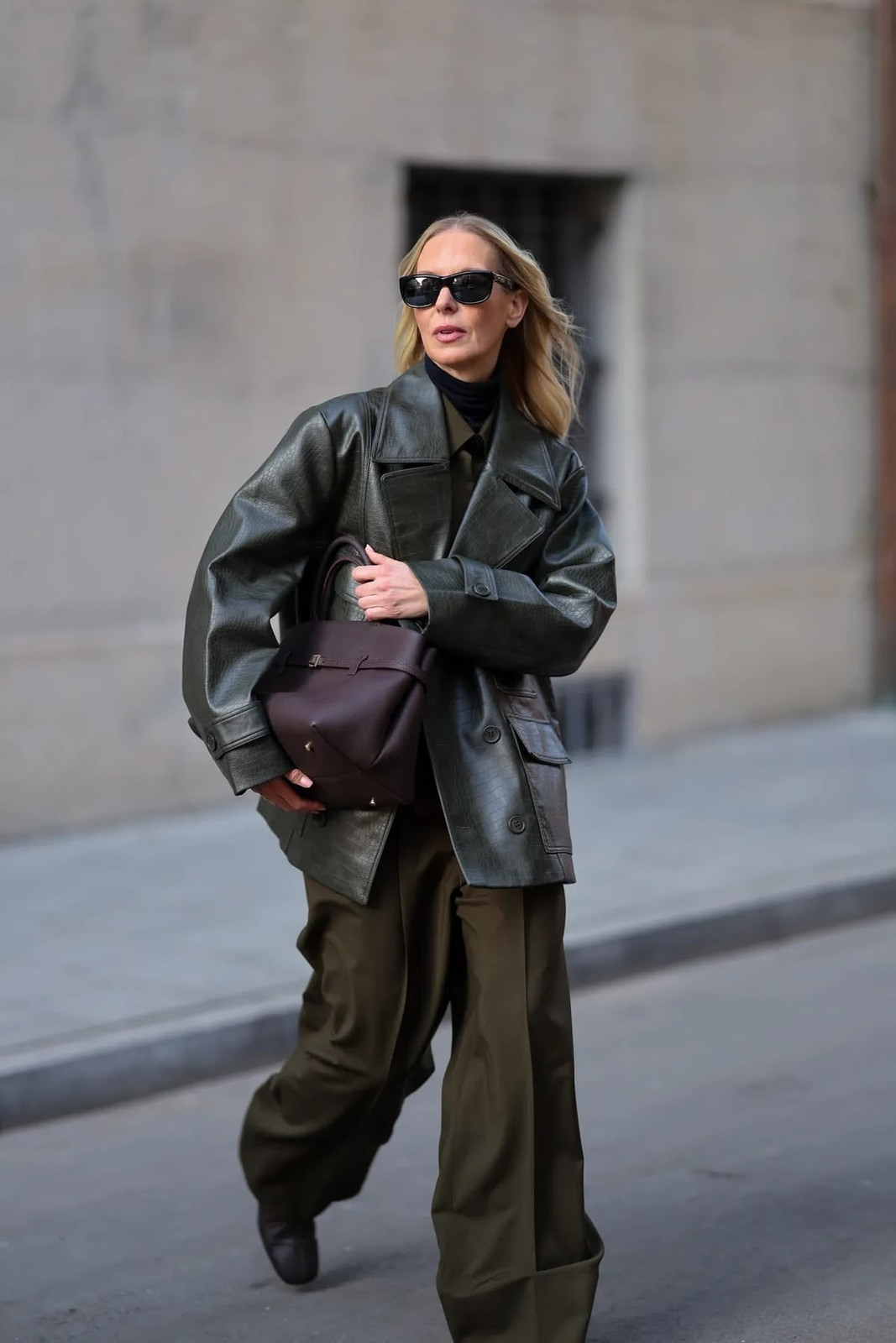 Edgy Green Leather Jacket with Wide-Leg Trousers — Trendy Outfits 2027