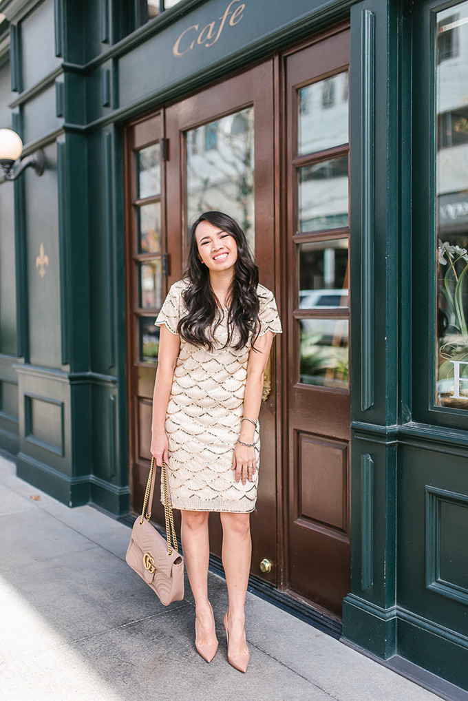 Gold Sequin Mini Dress with Nude Accents Gold Sequin Mini Dress with Nude Accents — New Years Eve Outfits 2027
