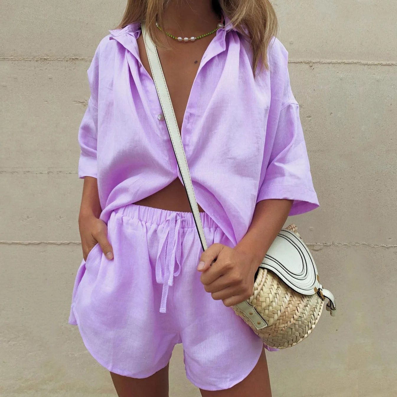 Lavender Linen Shorts Set with Oversized Shirt and Straw Bag Lavender Linen Shorts Set with Oversized Shirt and Straw Bag — Linen Shorts Outfits 2027