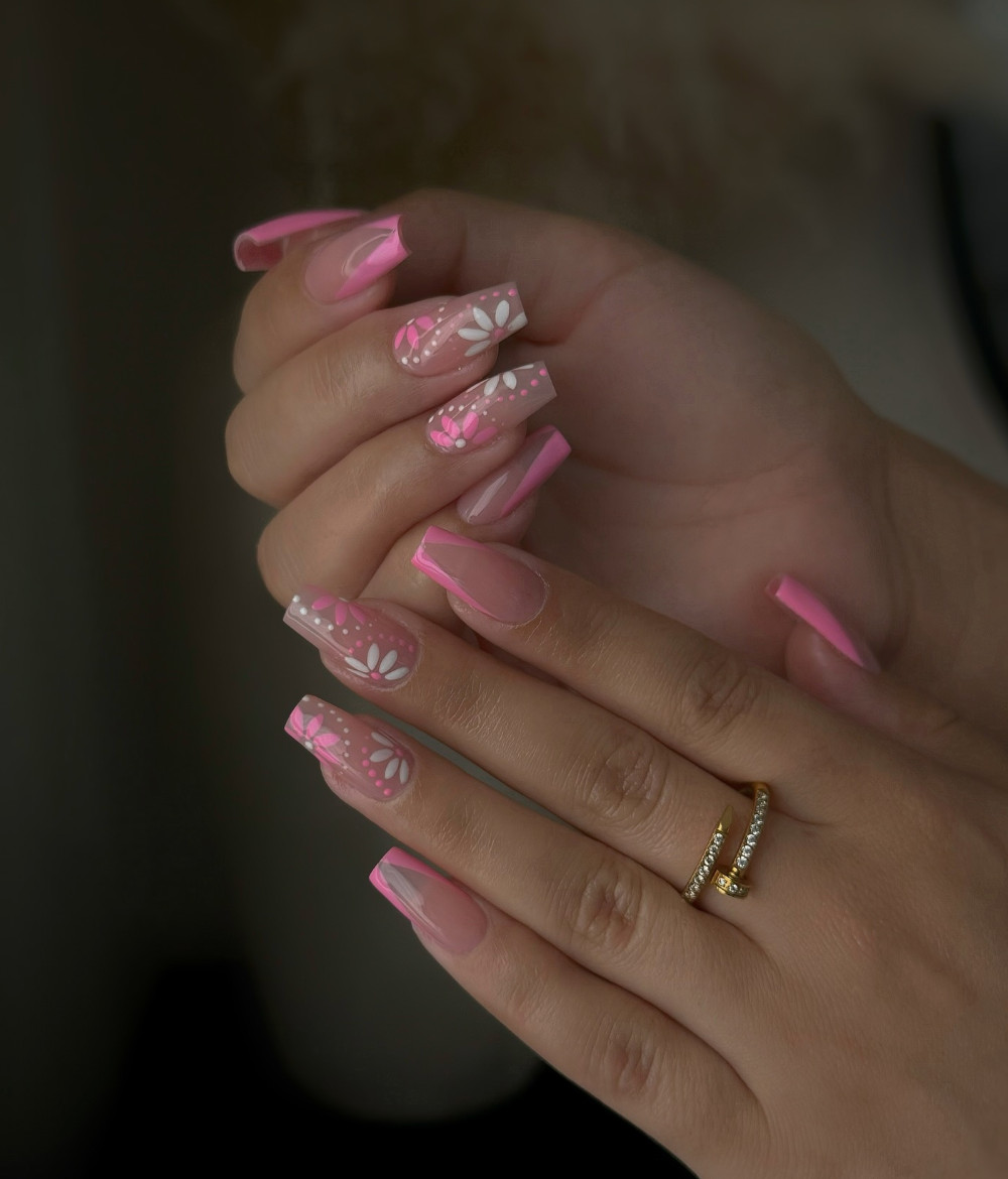 Sheer Pink Floral French Birthday Coffin Nails — Birthday Nails Coffin 2027