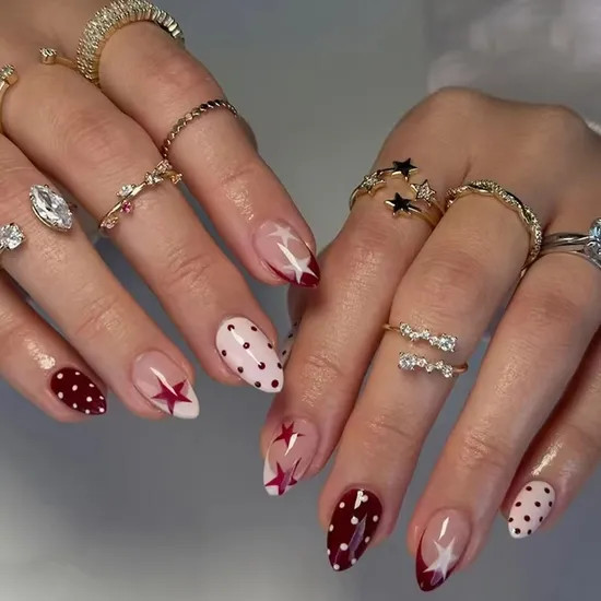 Festive Polka Dot French Almonds Festive Polka Dot French Almonds — Almond Press On Nails 2027