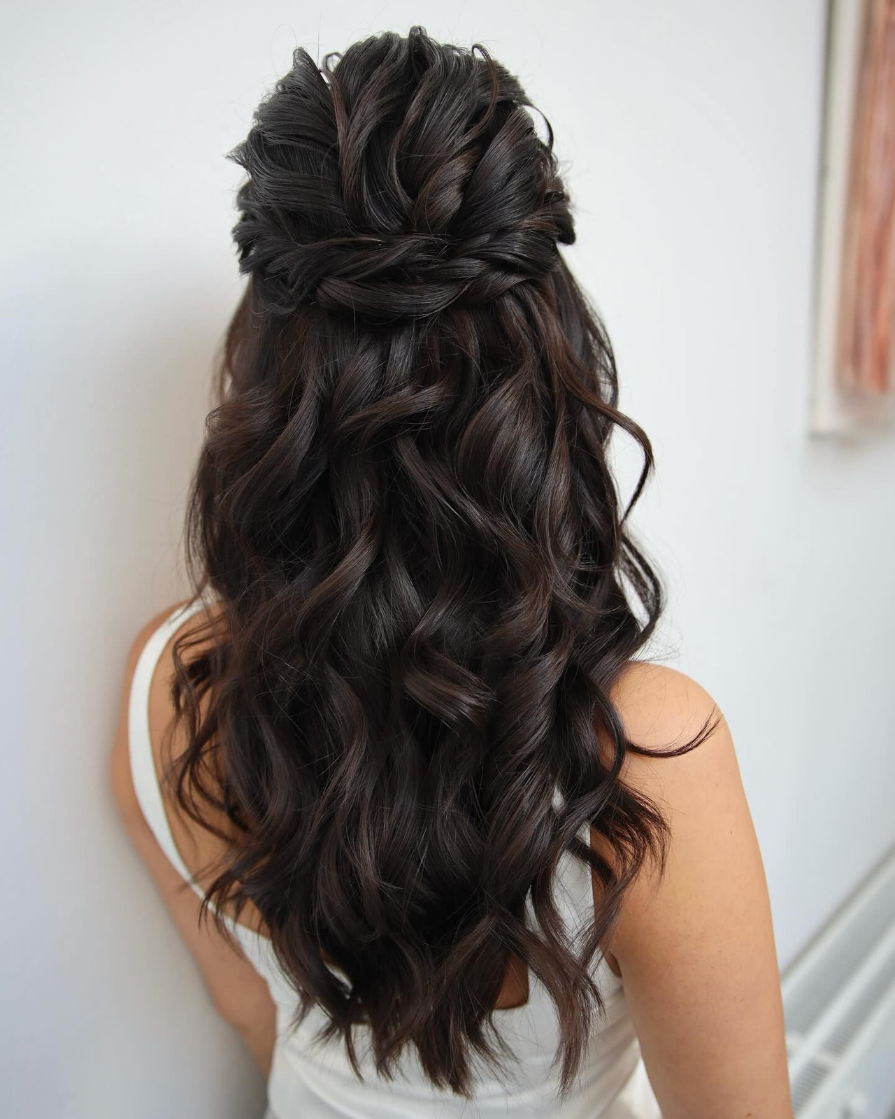 Mid-Back Dark Brown Half-Up Twisted Crown With Waves Mid-Back Dark Brown Half-Up Twisted Crown With Waves — Junior Prom Hairstyles 2027