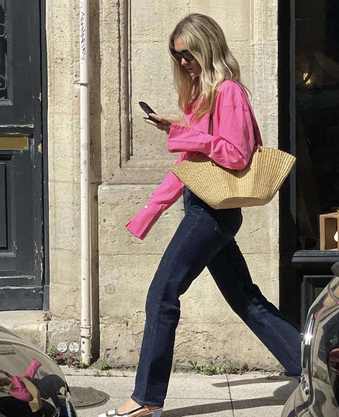 Bright Pink Shirt with Dark Wash Jeans and Straw Tote — French Girl Outfits 2027