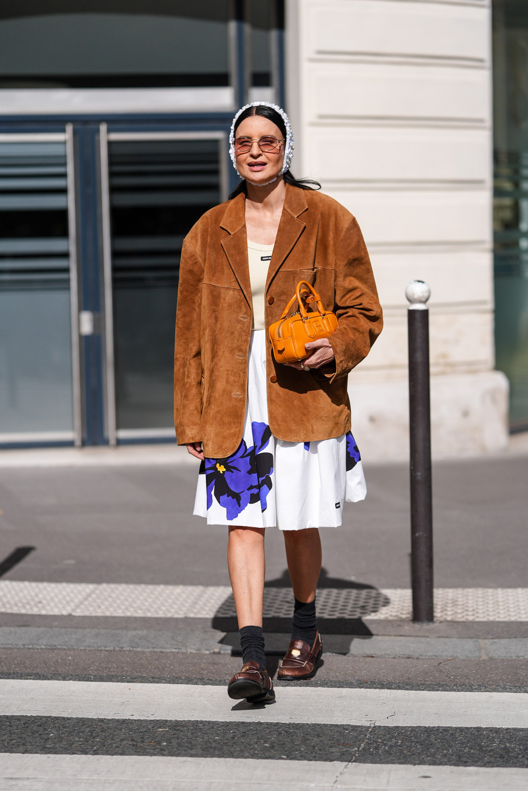 Casual Chic: Loafers with an Oversized Suede Blazer and Floral Skirt Casual Chic: Loafers with an Oversized Suede Blazer and Floral Skirt — Loafer Outfits 2027