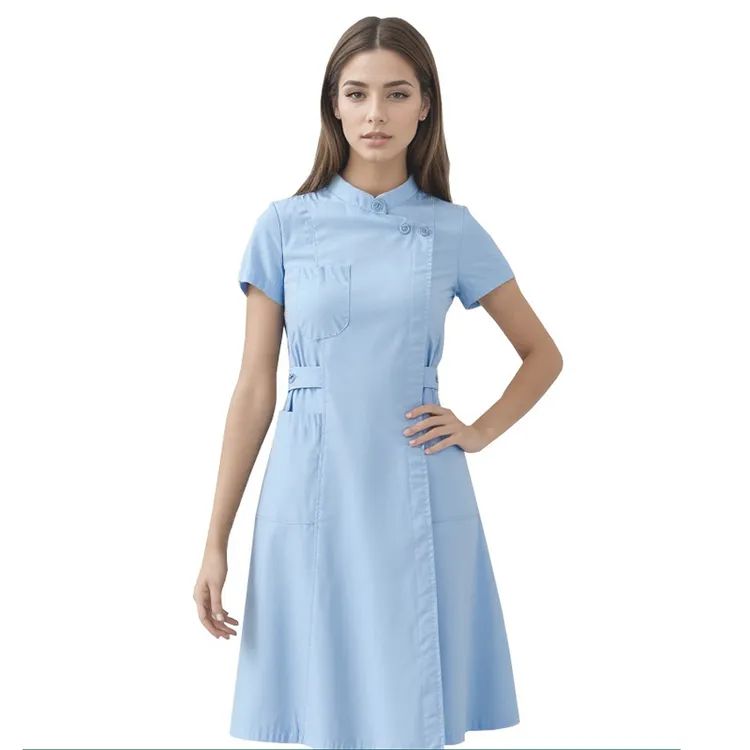 Light Blue Mandarin Collar Scrub Dress — Nurse Outfits 2027