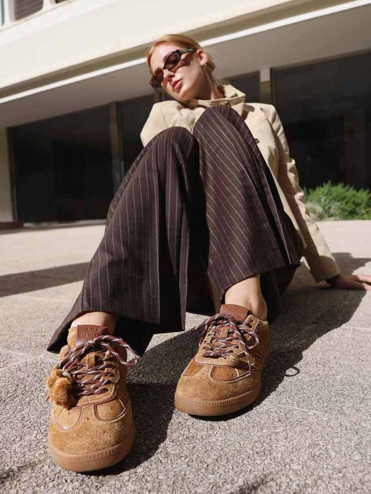 Brown Suede Sneakers with Pinstripe Wide-Leg Pants and Trench Coat — Boston Outfits 2027