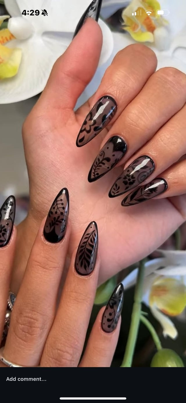 Black Floral Lace Almonds on Nude Black Floral Lace Almonds on Nude — Lace Nails 2027