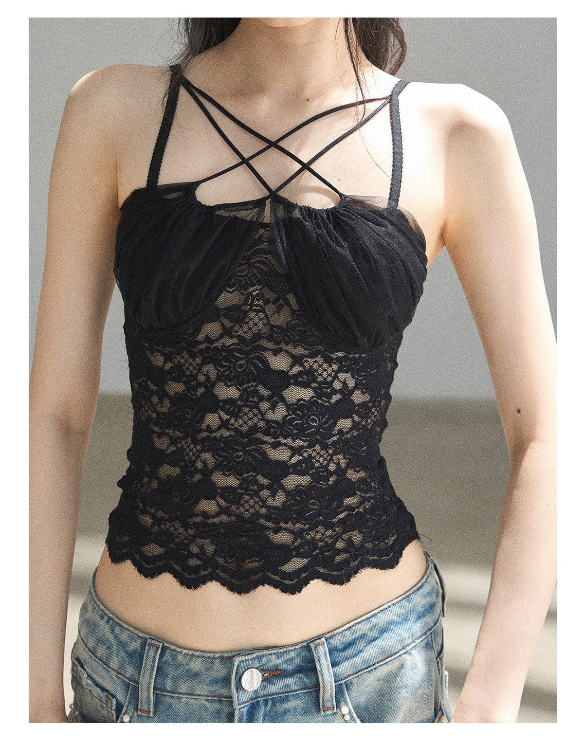 Edgy Elegance: Black Lace Camisole with Denim — Coquette Lace Outfits 2027