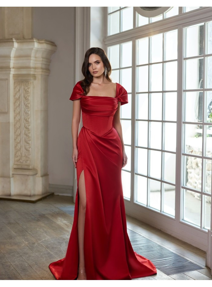 Full Body Red Satin Corset Gown with Off-the-Shoulder Neckline and Dramatic High Slit Full Body Red Satin Corset Gown with Off-the-Shoulder Neckline and Dramatic High Slit — Corset Prom Dresses 2027