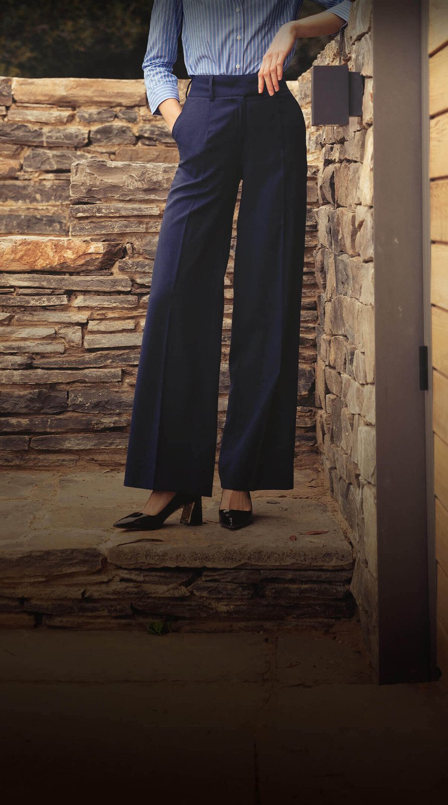 Dramatic Flare: Navy Extreme Wide-Leg Trousers with Pinstripe Shirt Dramatic Flare: Navy Extreme Wide-Leg Trousers with Pinstripe Shirt — Navy Blue Wide Leg Pants Outfits 2027