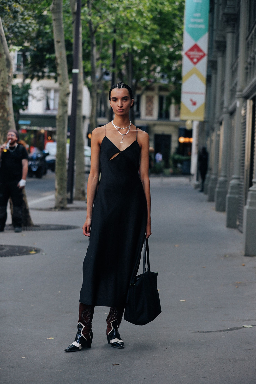 Unexpected Edge: Black Slip Dress with Cowboy Boots and Tote Bag Unexpected Edge: Black Slip Dress with Cowboy Boots and Tote Bag — Slip Dresses 2027
