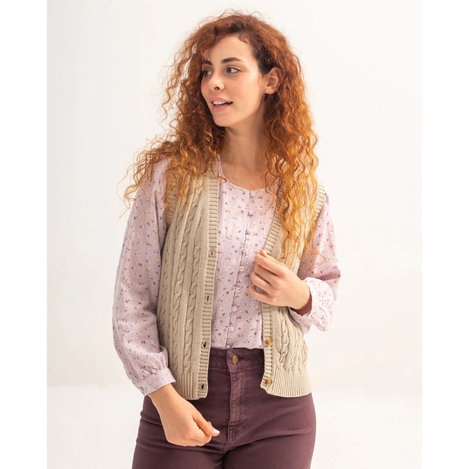 Beige Cable Knit Vest with Floral Blouse Beige Cable Knit Vest with Floral Blouse — Vest Outfits 2027