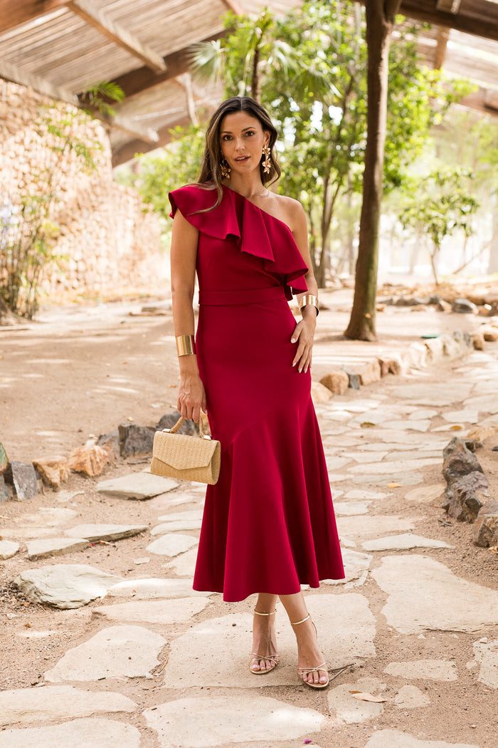 Red One-Shoulder Midi Dress with Ruffle and Mermaid Hem Red One-Shoulder Midi Dress with Ruffle and Mermaid Hem — Going Out Dresses 2027