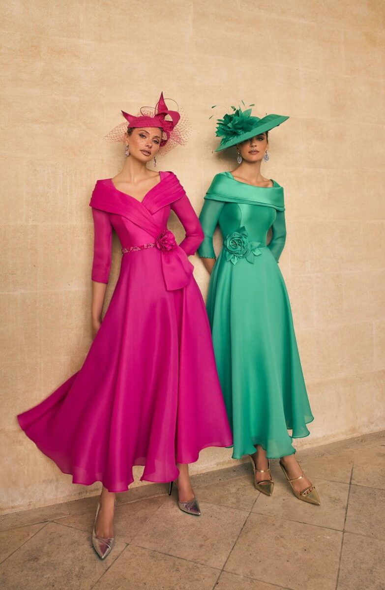 Fuchsia and Green Off-the-Shoulder Dresses with Matching Hats Fuchsia and Green Off-the-Shoulder Dresses with Matching Hats — Wedding Guest Outfits 2027
