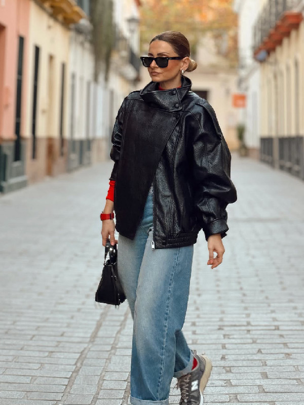 Asymmetrical Leather Jacket with Wide-Leg Jeans — Trendy Outfits 2027
