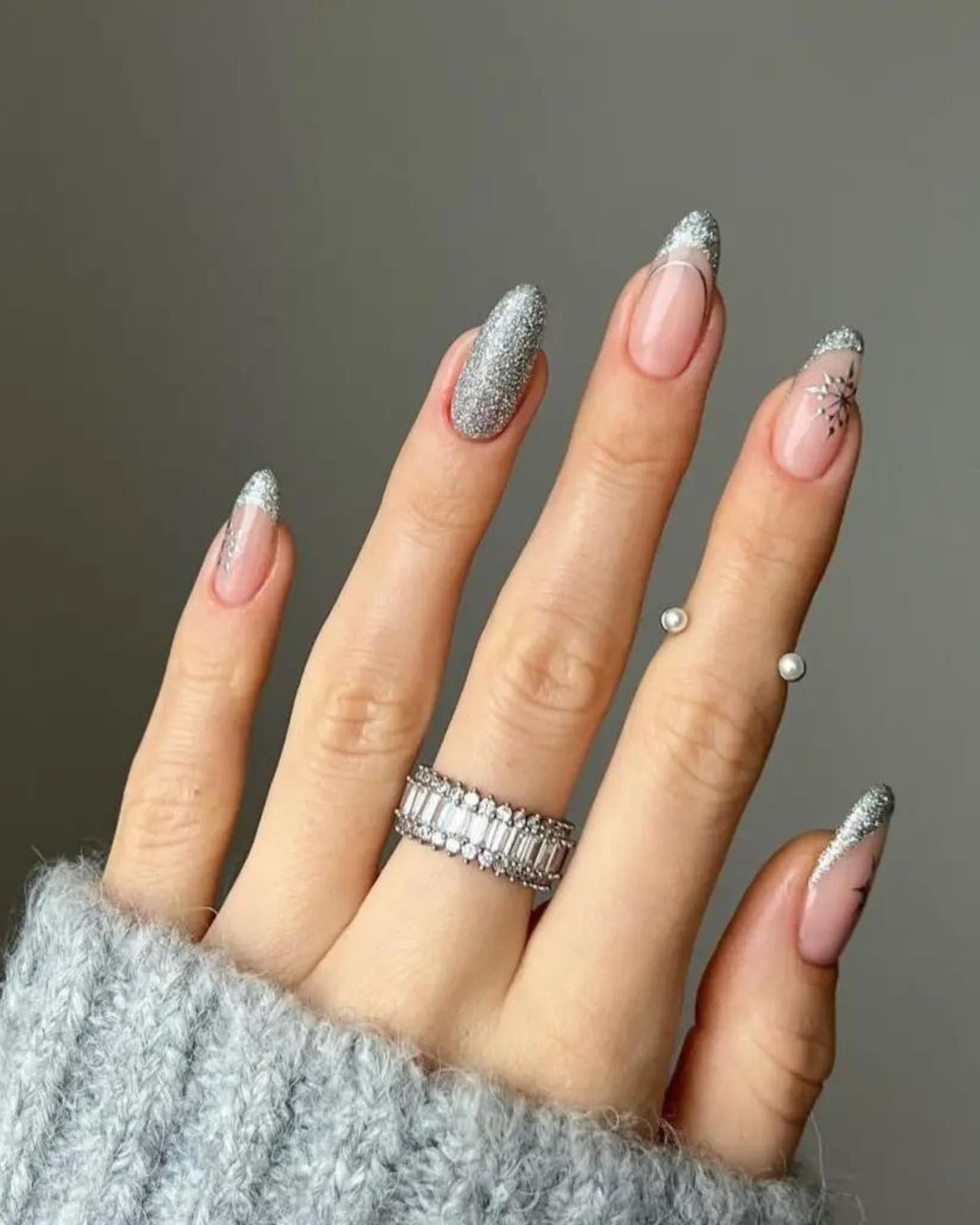 Silver Glitter French Tips with Snowflake Accent Silver Glitter French Tips with Snowflake Accent — Glitter Christmas Nails 2026