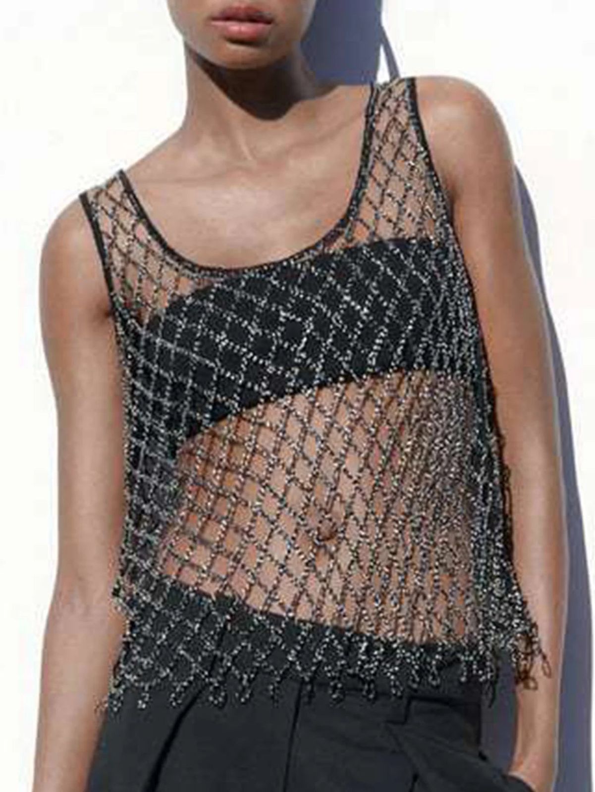 Beaded Black Mesh Tank Top With Trousers — Mesh Top Outfits 2027