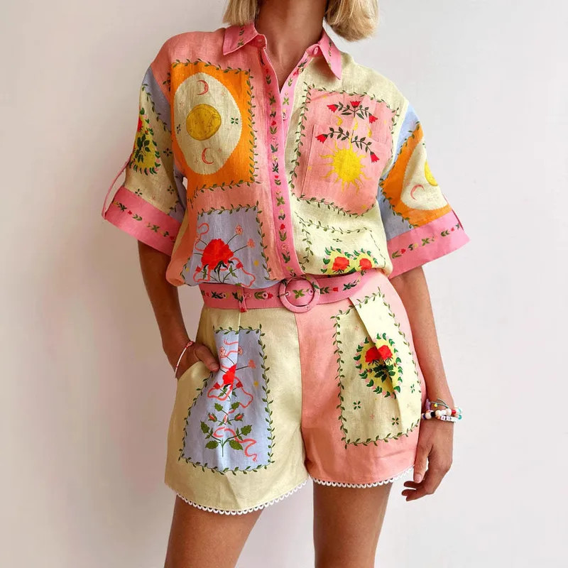 Multi-Colored Linen Shorts with Abstract Print Shirt and Pink Belt Multi-Colored Linen Shorts with Abstract Print Shirt and Pink Belt — Linen Shorts Outfits 2027