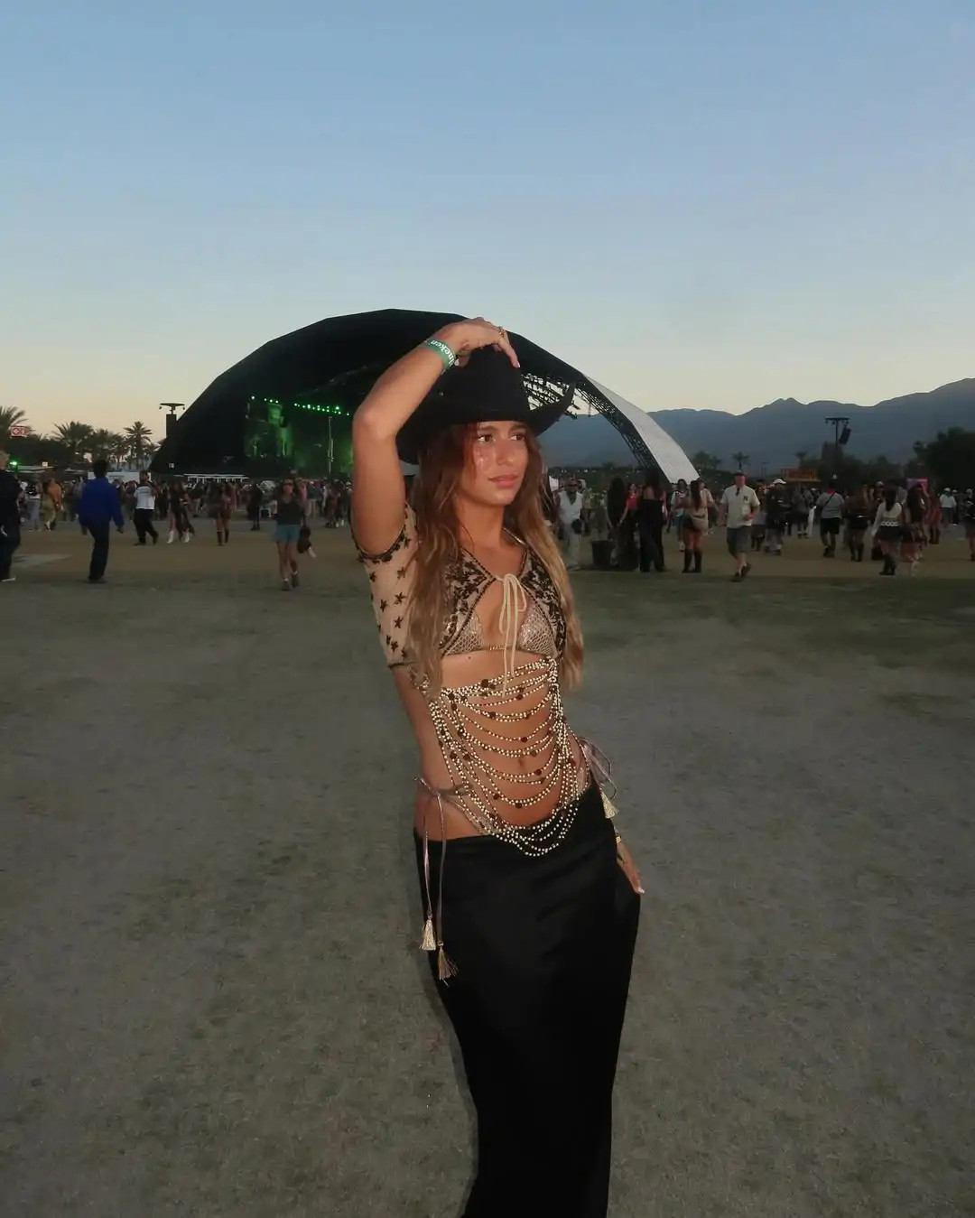 Star-Print Top with Embellished Bralette and Body Chains — Summer Country Concert Outfits 2027