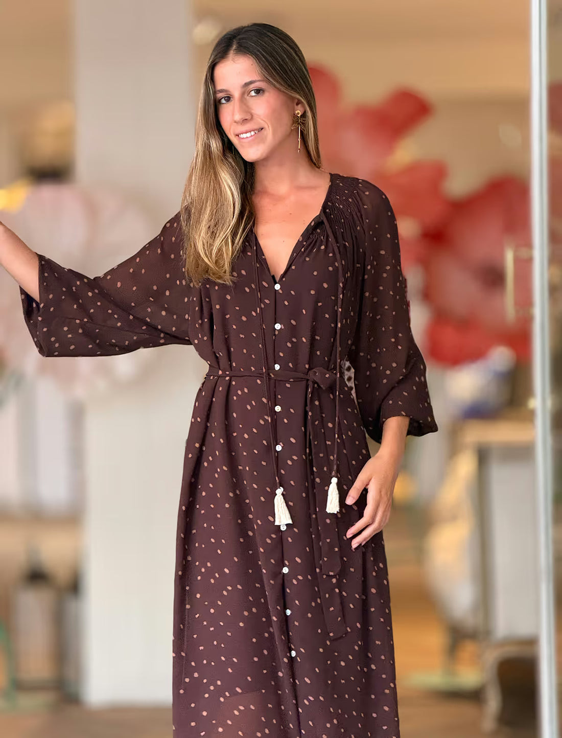 Relaxed Brown Dot Print Midi Sundress with Tassel Tie-Waist Relaxed Brown Dot Print Midi Sundress with Tassel Tie-Waist — Sundress Outfits 2027